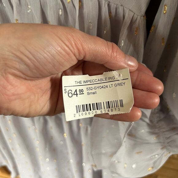 NWT The Impeccable Pig Small V-Neck Dress Metallic Silver Gold‎ Dash Long Sleeve - Picture 5 of 12